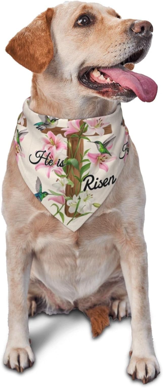 Easter Sunday Religious Cross Christian He is Risen Flower Pet Triangle Scarf for Dogs & Cats, Polyester Decorative Scarf, Adjustable Cute Pet Bandana for Daily Wear & Photo Shoots