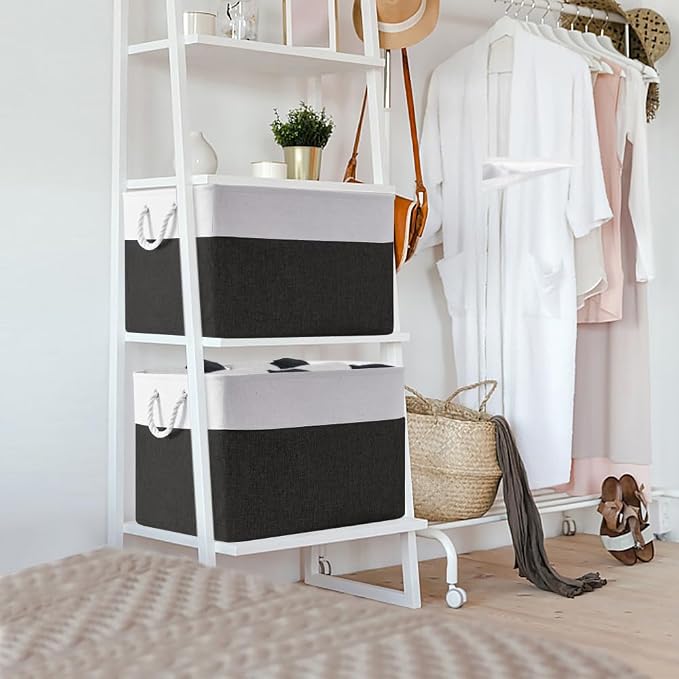 Organization and Storage for Shelves - Extra Jumbo 3 Pack 20.5x15.7x13.8 inch Fabric Storage Basket for Organizing, Storage Bins for Shoes Towel Blanket (White & Black)