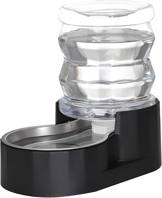 RIZZARI Automatic Gravity Pet Waterer Dispenser : 4L Black Stainless Steel Bowl Without Filter - Spill-Proof and Leak-Proof - Large Capacity Feeder for Dogs & Cats - Ideal for Kitchen or Hallway Use
