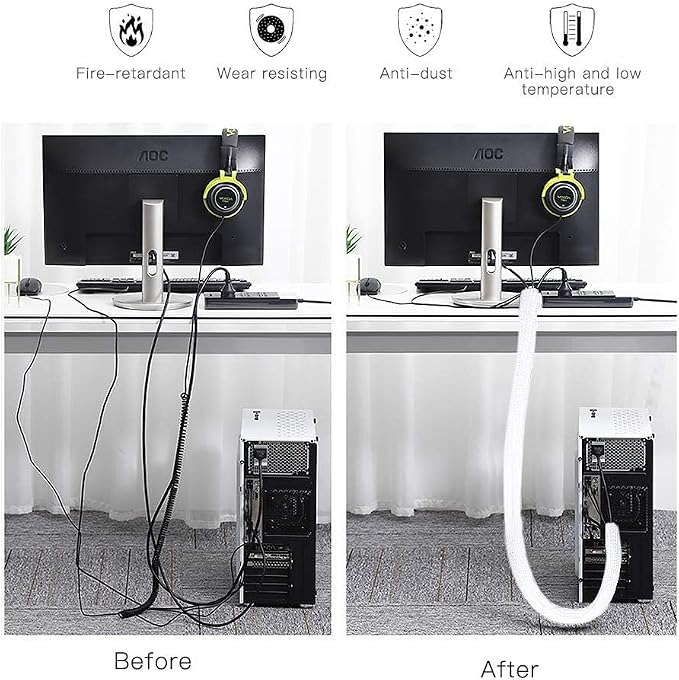 AGPTEK Cable Sleeve, 10ft - 4/5 inch Cable Management Cord Hider, White | Desk Cord Cover Organizer Wire Hider for Office Computer TV Wire Loom Tubing Pet-Proof Cord Protector from Cat Dog Chewing