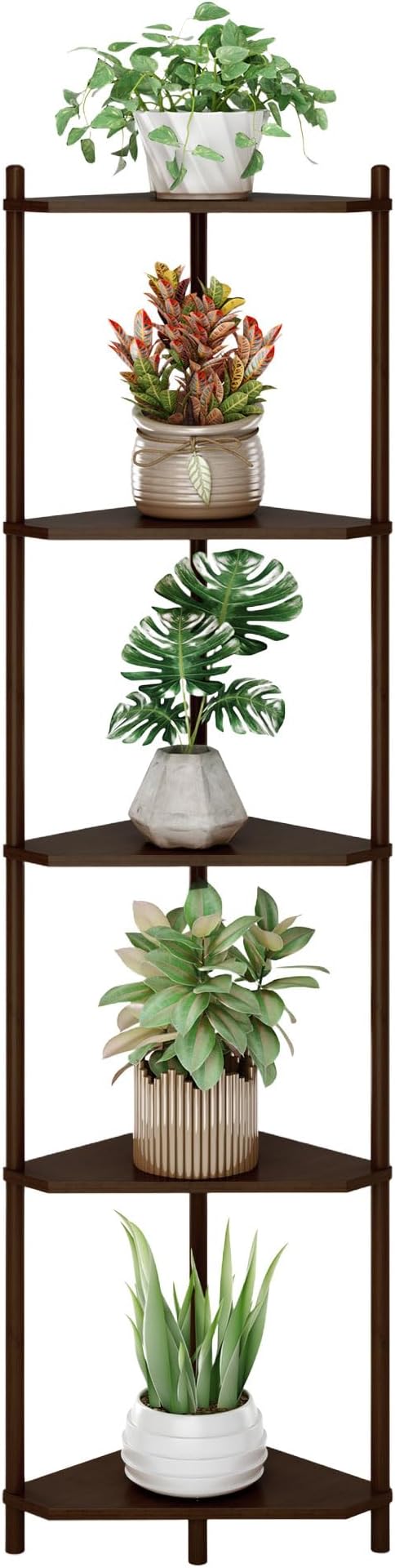Wisuce Brown Tall Corner Shelf Stand, 5-Tier Bamboo Corner Bookshelf | Space-Saving Narrow Corner Shelf | Bathroom Corner Shelf | Shelves for Bedroom, Living Room, Kitchen & Plant Display