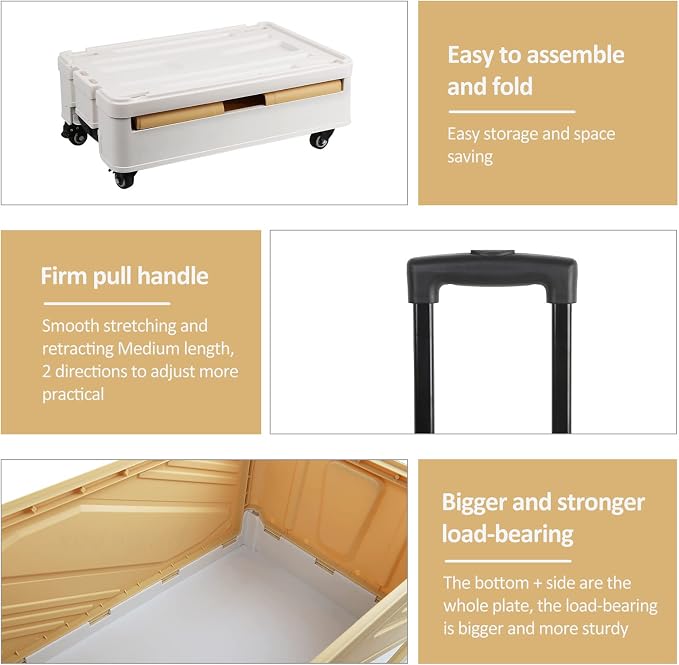 XCBYT 50L Foldable Rolling Crate, Storage Cart with Wheels, Light Yellow | Spacious 50L capacity offers lots of room for groceries, tools or moving. Easy to assemble and folds flat for quick storage