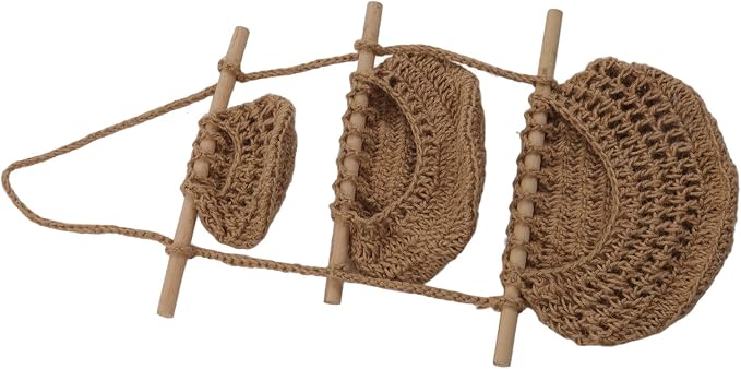 3 Tier Hanging Fruit Basket, Wall Mounted Hemp Rope and Wood Organizer, Handcrafted Over The Door Storage for Toys Pet Plush Dolls Kitchen Bathroom Living Room