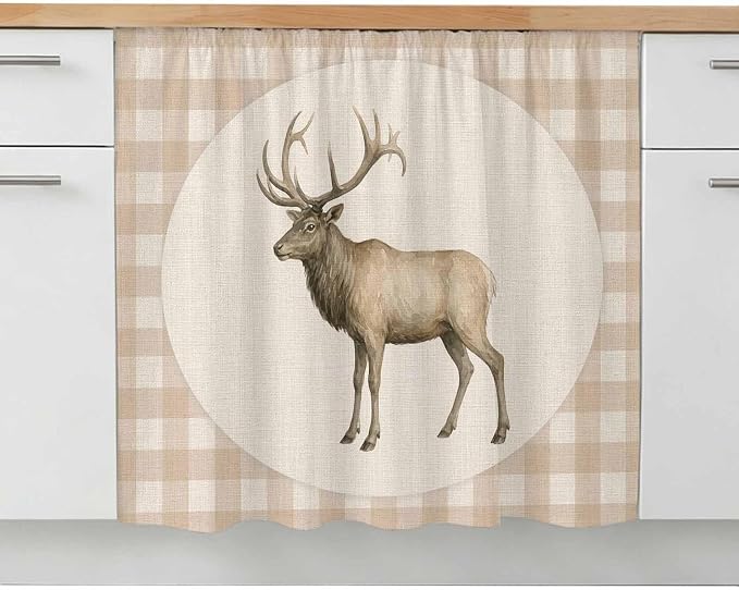 Majestic Buck Oven Skirt Curtain for Kitchen Decor 28"x35", Vintage Natural Buck Rustic Linen Plaid Self Adhesive Stove Curtains Skirt Cabinet Curtains for Bathroom Laundry Room