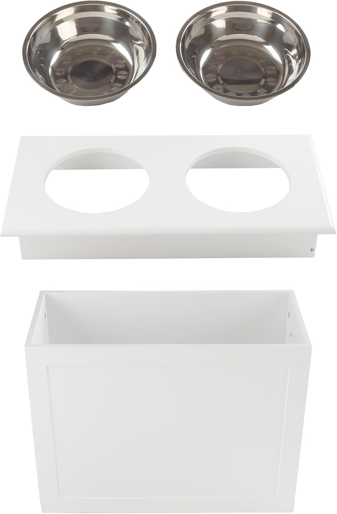 Elevated Dog Bowls with Storage - 16-Inch-Tall Feeding Tray with Hidden Storage Space for Pet Supplies - 50oz Capacity Bowls by PETMAKER (White)
