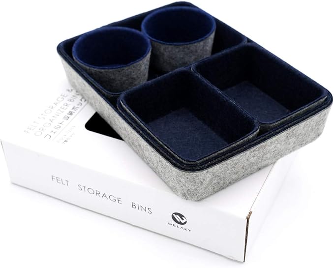 Welaxy 7 Piece Felt Desk Drawer Organizer Storage Bin Navy Catchall Tray