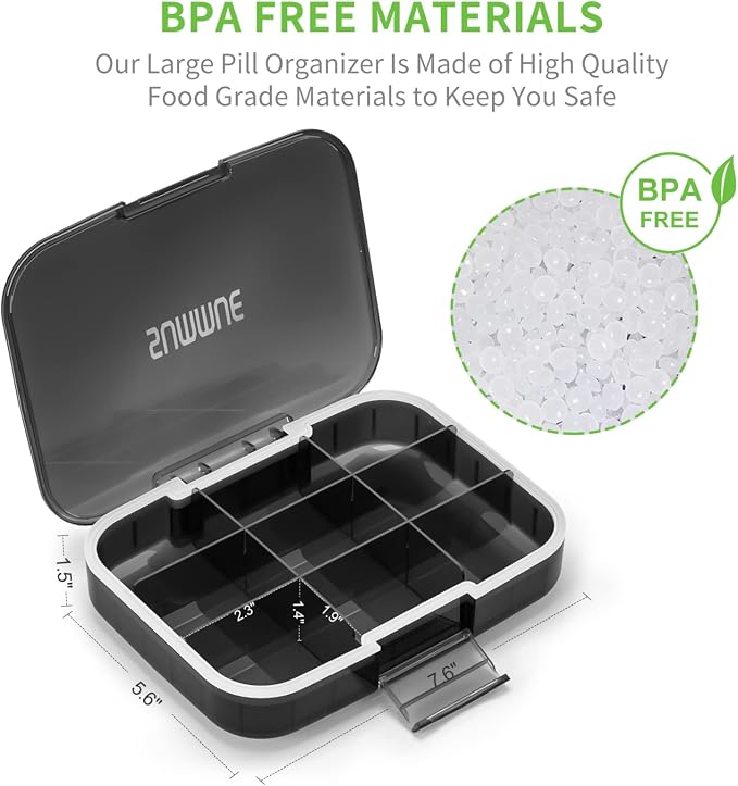 Large Pill Organizer, 9 Compartments Portable Travel Pill Box Case Moisture Proof, XL Pill Container Holder for Vitamins, Cod Liver Oil, Supplements, Medication (Black)