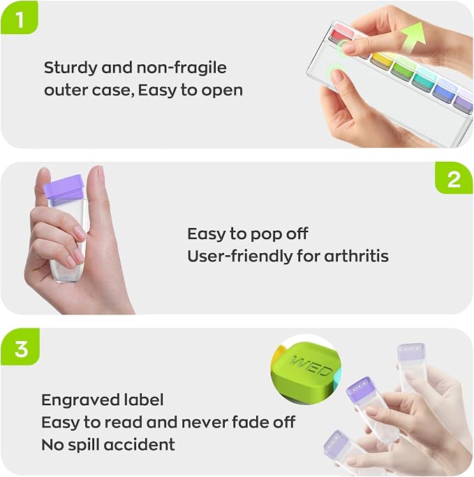 HIONXMGA Weekly Pill Organizer, Detachable 7-Color Pill Box, Easy Tracking | Portable Travel Pill Case Container for Daily Vitamin Supplement Fish Oil, Silicone-Seal, Lasting Labels, Quick Fill (White)