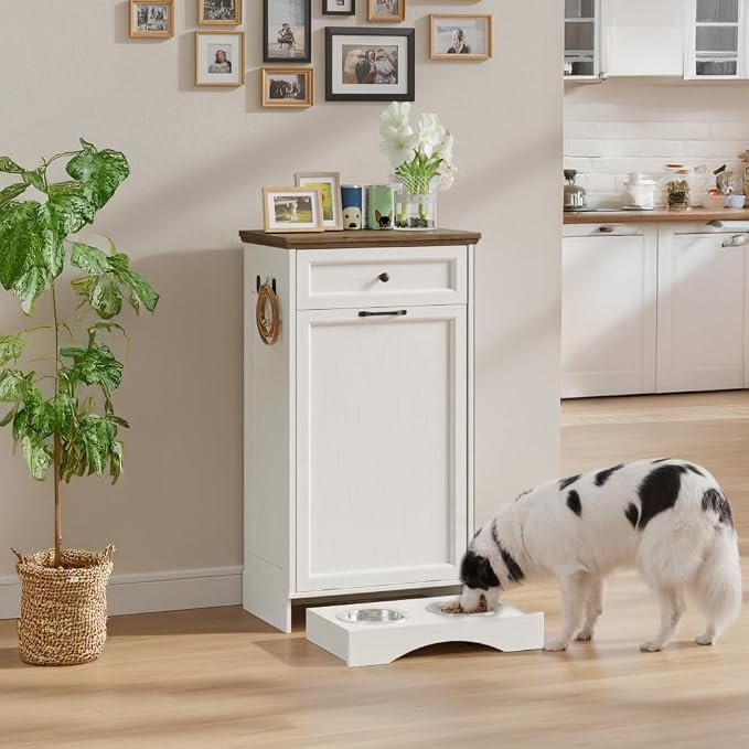 FIMELLO 21 ''WX 13''DX39''H Dog Feeding Station with 2 Feeding Bowls, Tilt-Out Dog Food Storage Cabinet with Drawer,Pet Feeder Cabinet,White Grain