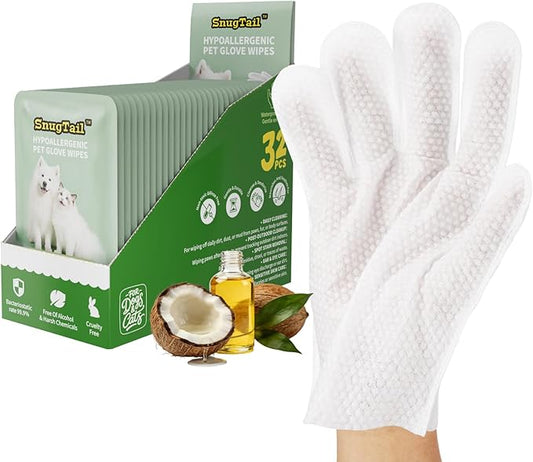 Pet Glove Wipes for Dogs & Cats,Shedding Control, Dander Removal & Paw Cleaning, Travel Essentials for Pets(32 Individual Pack)