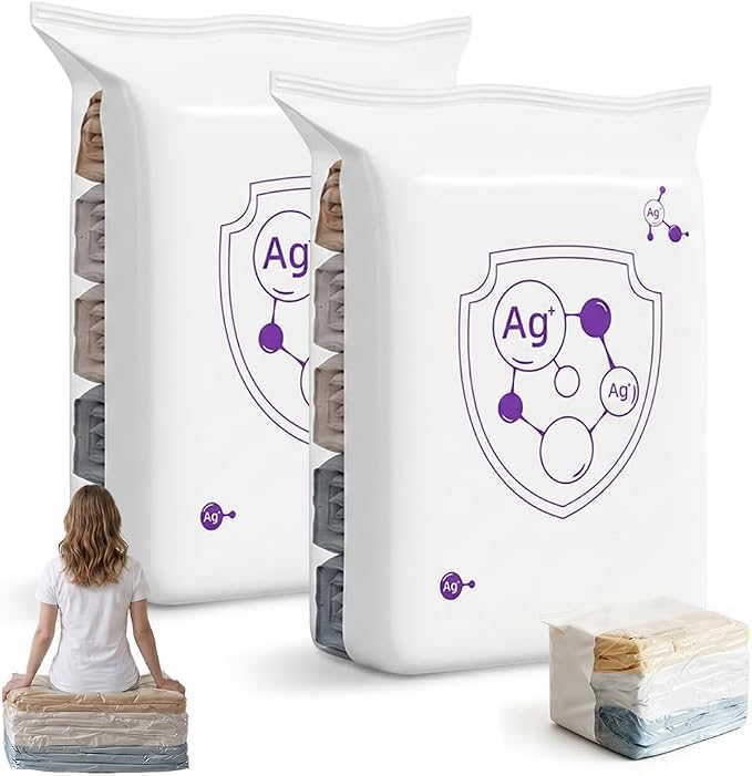 No‑Pump Vacuum Storage Bags, 2026 New Large Vacuum Storage Compression Bags, Reusable Vacuum Seal Bags for Clothing Travel, Space Saver Bags for Clothes, Blankets & Bedding (2Pcs/M:31.5*22*12.6in)
