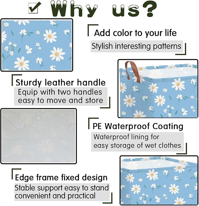 Rectangular Daisy Storage Basket,Kids Laundry Hamper,Waterproof foldable kids laundry basket,Blue Baskets,Books Box,Flower room decor(Daisy)