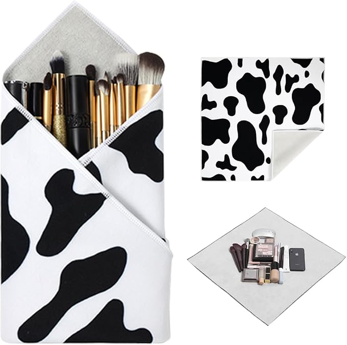 Self-Adhesive Magic Cloth Makeup Bag, Multi-Functional Cosmetic Bag, Portable Make up Wrap for Travel, Open Lay Flat Cosmetic Pouch Storage Organizer for Skincare & Makeup Accessorie (Cow, 55 * 55cm)
