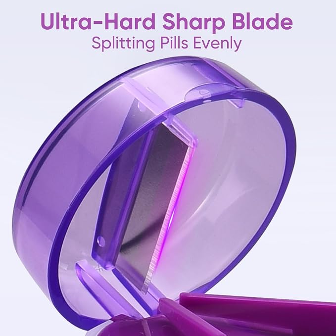 3-in-1 Pill Crusher and Cutter (Purple) | Pills Crusher Fine Powder with Stainless Steel Grinding Head, Storage for Tablets, Cutter Splitter for Small and Tiny Pills