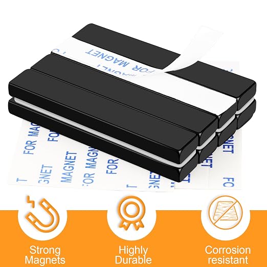 30 Pack Neodymium Bar Magnets with Adhesive Backing 60x10x5mm Black | Fridge Magnetic Strips Refrigerator Blocks Crafts Extra Super Sticky Bar for Science Experiments Classroom Craft Office