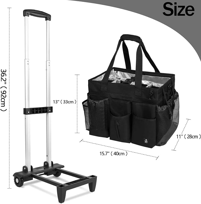 Rolling Cleaning Caddy Bag Built-in Hard Plastic Sheet Detachable Trolley | Aluminum foil lining, Adjustable dividers Adjustable Shoulder Strap and Multiple Storage Pockets