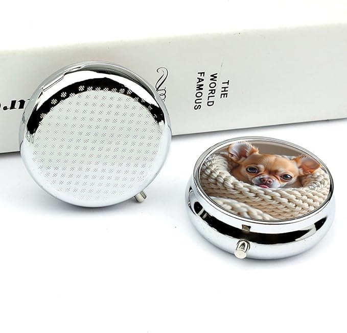 Cute Brown Chihuahua Metal Pill Organizer with Mirror, 3-Compartment Travel Pill Box, 2-Inch Round Pocket Medicine Case with Secure Latch, Portable Vitamin Holder for Women & Men
