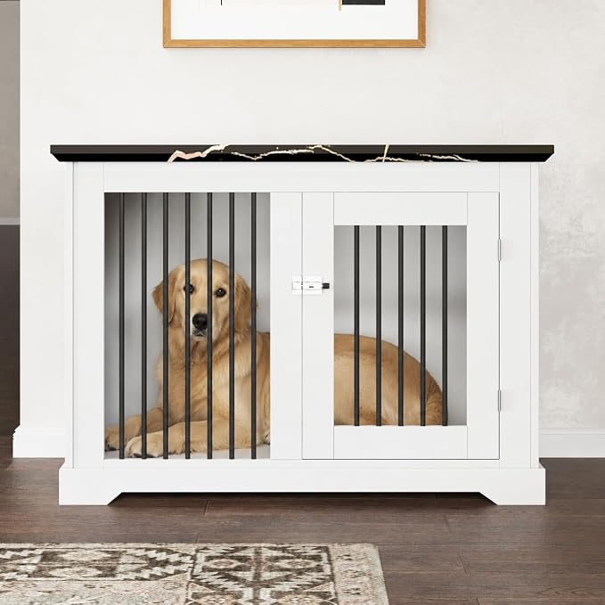 44" Wooden Dog Crate Furniture,Large Kennel Pet Cage End Table for Indoor | for XXL XL Medium Dogs, White and Black, Fits Living Room Bedroom, Heavy Duty Steel Frame with Lock 100 lbs Cap, 100 lbs Top.