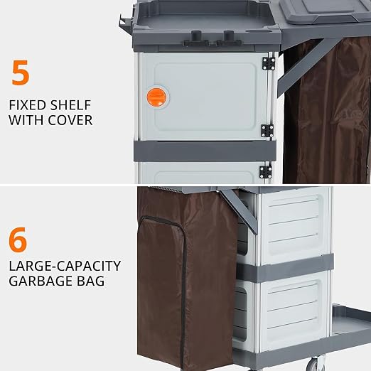 Commercial Janitorial Cart with 2 Cabinet, Traditional Janitorial 3-Shelf Cleaning Cart On Wheels, Plastic Housekeeping Cart with 30 Gallon Bag, 200 Lbs Load Capacity