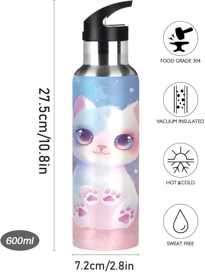 Cat Pet Pink Water Bottle with Straw Lid Kids Insulated Stainless Steel Water Flask Sports, 20 Oz Hot Cold