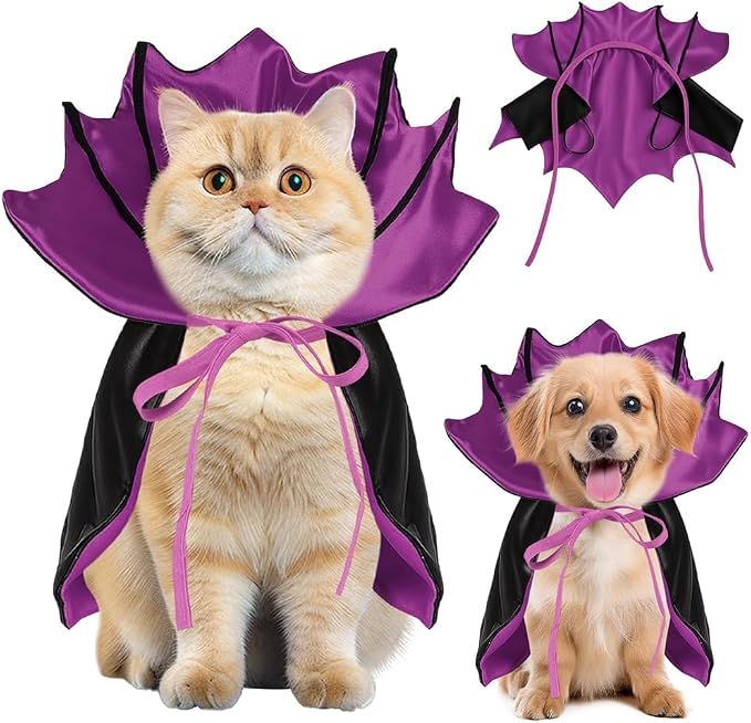 Dog Halloween Costume, Pet Cape for Small Puppy Dogs Cat Funny Red & Black Halloween Costumes with Neck Armor Adjustable Strap Idea for Vampire Party Cosplay (Purple Bat, S)