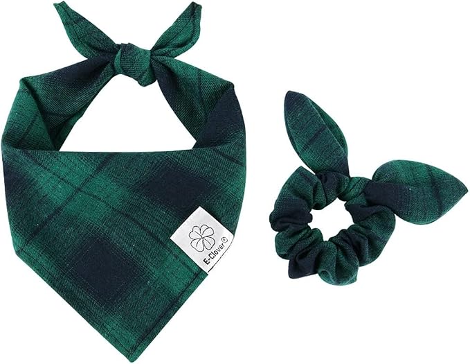 E-Clover Christmas Green Dog Bandanas Matching Dog Bandana and Scrunchie | Green Plaid Dog Bandana Matching Dog and Owner Clothes Dog Mom Gifts Dog Bandanas Girl Boy