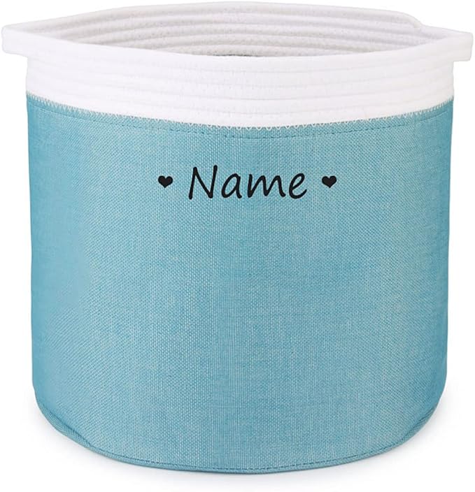 Personalized Dog Toy Storage Basket Bin Collapsible Customized Pet's Name Round Storage, Organizer for Dog Toys、Clothing、Apparel & Accessories with Box (Heart White Blue)