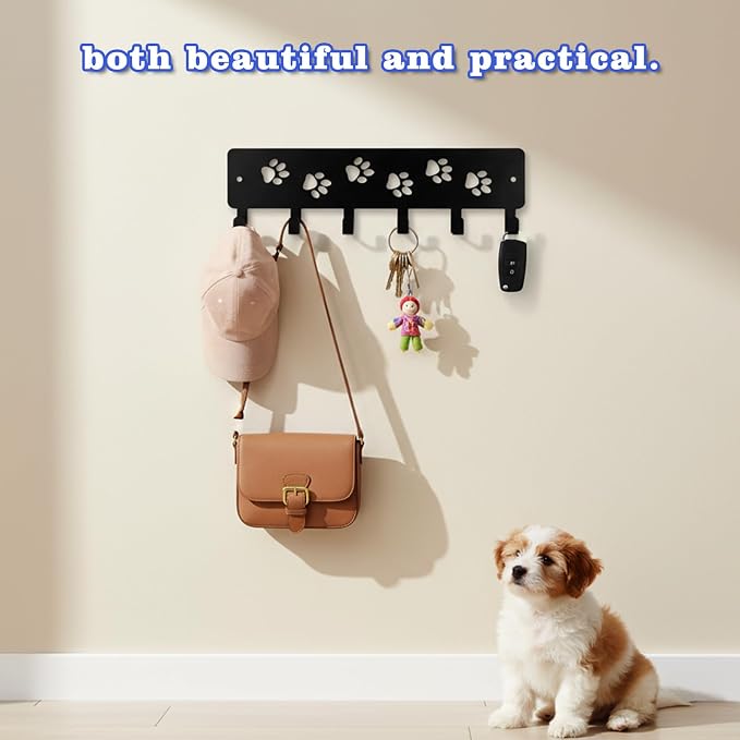 Key Holder Wall Mount & Dog Leash Holder for Wall, Metal Key Rack with 6 Hooks Decorative Animal Storage Rack Adhesive for Entrance Living Room Kitchen Dog Paws Design WallOrganizer