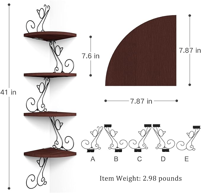 Alsonerbay 4-Tier Cat Shaped Corner Floating Shelf Wall Mount, Walnut | Curved solid wood, 35.2 lbs total capacity, reinforced metal bracket, rustic decor, for bedroom, living room & kitchen