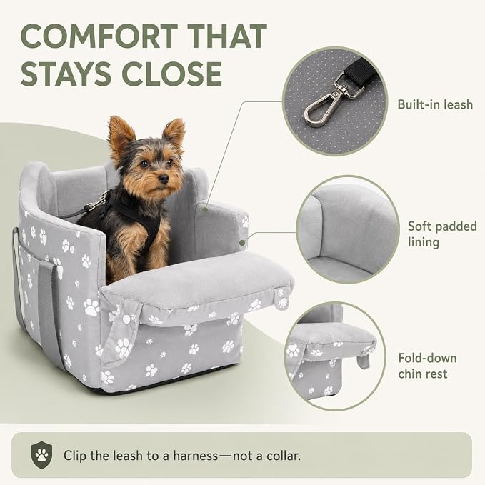 Center Console Dog Car Booster Seat for Small Dogs 0-15 lbs - Grey Pet Travel Carrier Safety Leash, Detachable Seat Belt & Storage Pockets