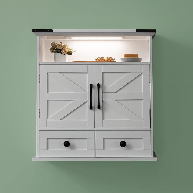 Bathroom Wall Cabinet with Motion LED Light, 23 x 25 Inch, White | Farmhouse over-toilet medicine cabinet with safety drawers, 9-inch depth, and a water-resistant white finish.