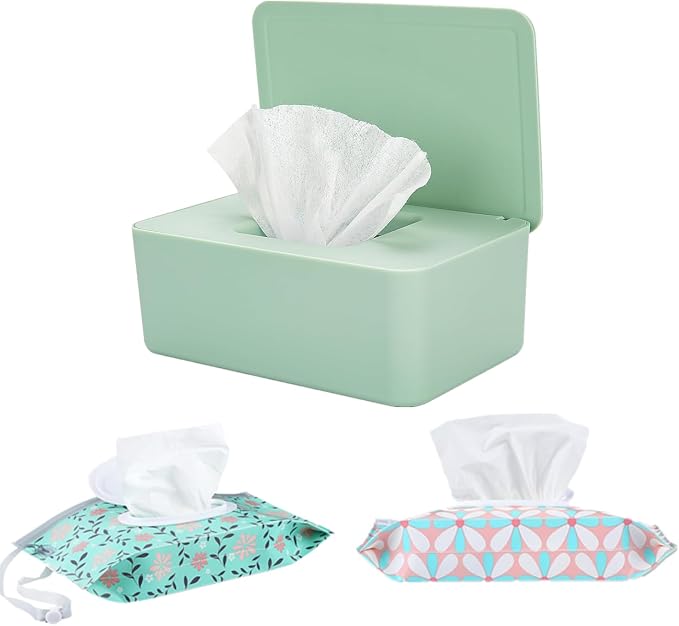 Wipes Dispenser Set,1 Wipe Box & 2 Portable Pouches,Green | Refillable Reusable Large Wet Wipe Holder, Flushable Wipes Case Bathroom Wipes Container for Pet Nursery Kitchen Office