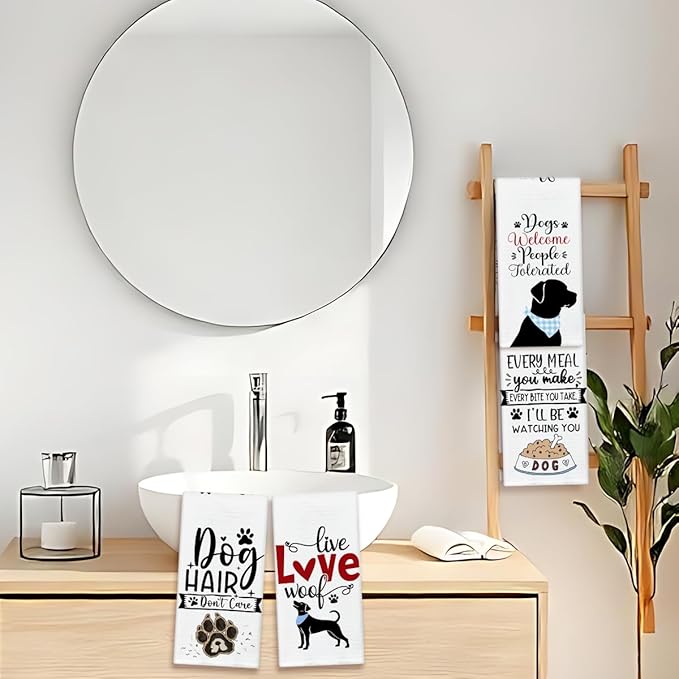 Dogs Welcome People Tolerated Kitchen Towels and Dishcloths Set of 4, Funny Decorative Hand Towel Drying Cloth for Bathroom, Gifts for Dog Lovers, Hostess, Women, 16x24 Inches -09