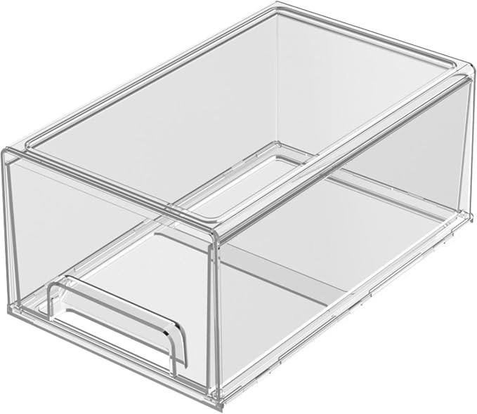 Stackable Storage Drawer Clear Organizer Box Bin Case with Dustproof Front Pull Drawer and PET Construction Suitable for Makeup Counter, L