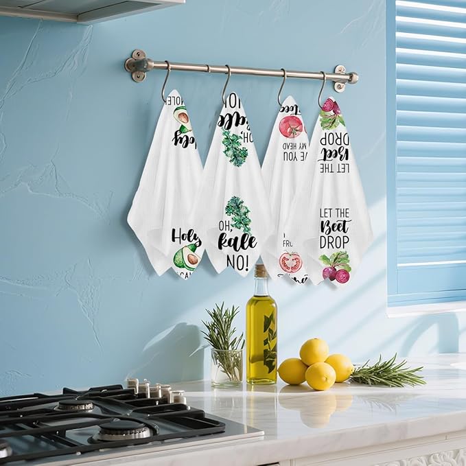 4Pcs Funny Vegetable Kitchen Towels 24x14 Inch, Tomato Avocado Carrot Decor Microfiber Reusable Tea Towels for Bathroom Farmhouse, Durable Waffle Dish Drying Towel, Housewarming Gifts for Women Mom