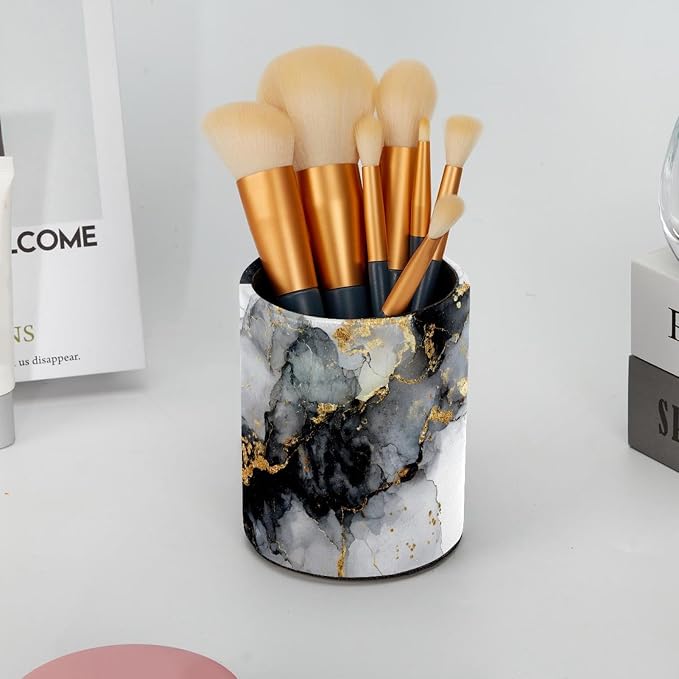 Faux Leather Pen Holder for Desk, Pencil Organizer Marble Texture Pen Cup Desk Decor Makeup Brush Holder Storage for Office Home