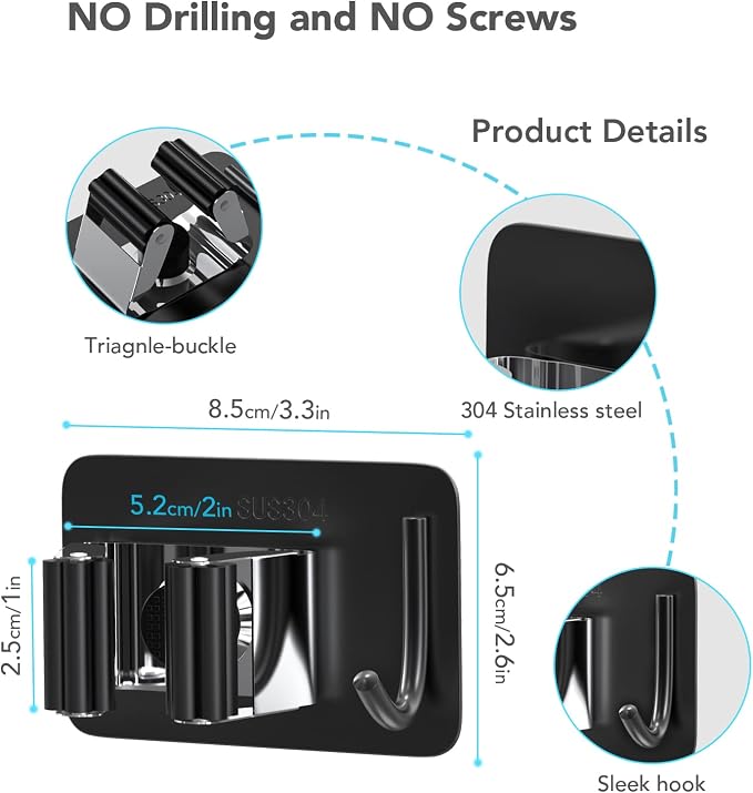 homeasy Broom Holder Wall Mount 4Pcs, Self Adhesive Mop Broom Hanger | Self adhesive stainless steel broom organizer with 4 hooks, holds mops, brooms and garden tools without drilling