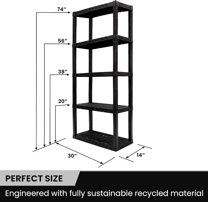 Oskar Heavy Duty Plastic Storage Shelves- for Garage, Kitchen, Bathroom Basement Kids Room, Stackable 5-Tier Black, Organizer Rack for Books Shoes, Toys, Pantry, Cleaning and Closet Organization