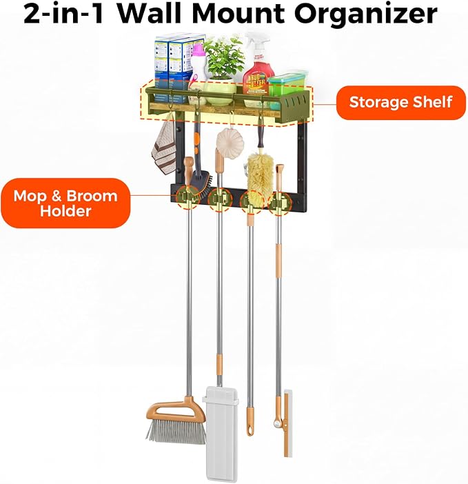 Broom Holder Wall Mount with Shelf,Broom Hanger with 4 Hooks,Broom and Mop Organizer Wall Hanging for Laundry,Garage, Utility,Broom Rack,Cleaning Supplies Organizer and Tool Storage,Black