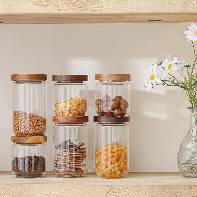 Glass Jars with Wood Lids Include 112 Labels | 15 OZ Storage Food Canister for Coffee| Sugar| Snacks| Nuts