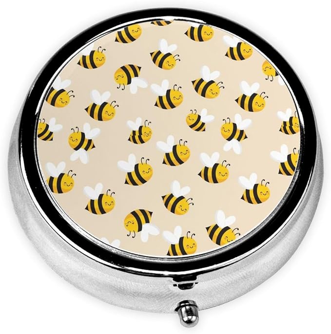 Travel Pill Holder, Cute Bee Pattern Round Compact Organizer, Small Dispenser with Mirror, Pocket Purse Case for Vitamins