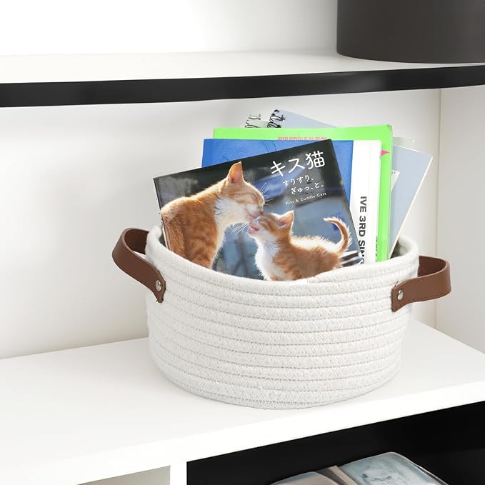 Small Woven Basket, Mini Cotton Rope Storage Basket with Leather Handle | Tiny Decorative Round Storage Bin, Cute Empty Gift Baskets for Organizing, Toy Organizer for Nursery, Boho Room Decor