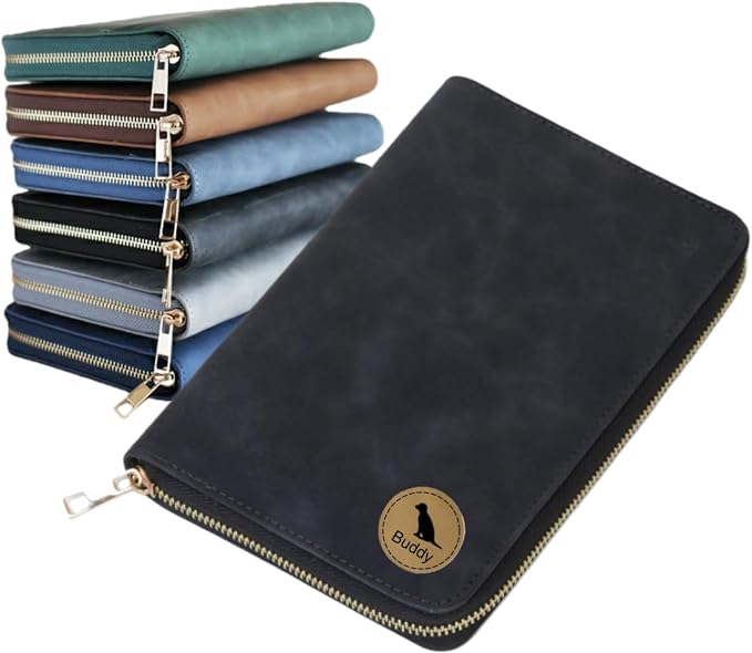 TSD Custom Pet Health Record Holder Bag Personalized Vaccine Card Wallet Engraved with Pet Name A6 Leather Pouch for Dog Cat Vet Travel Organizer