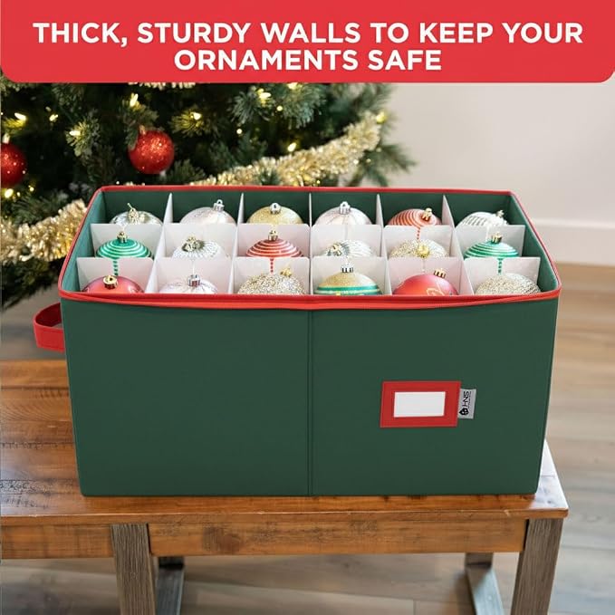 Christmas Ornament Storage Container with Dividers - Box Stores Up to 54 Ornaments, Zippered, Convenient, Adjustable, Large Organizer Bin to Protect Holiday Décor, Fits Most Standard Size, Green