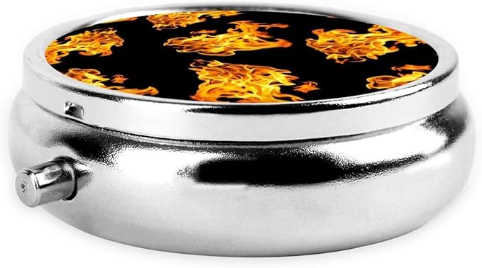 Travel Pill Organizer, Small Round Case with Mirror, Portable Pill Box for Fish Oil Vitamins, Pocket Purse Carry for Commuters, Flame Fire