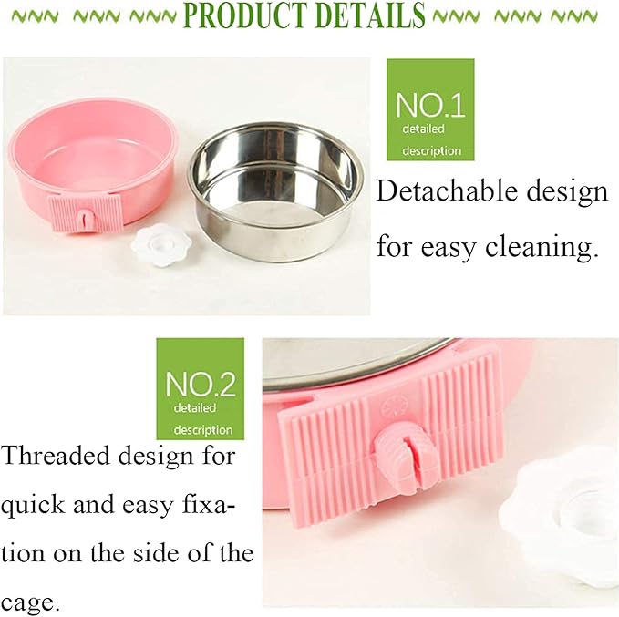 kathson Crate Dog Bowl, Removable Stainless Steel Hanging Pet Cage Bowl Food & Water Feeder Coop Cup for Cat, Puppy, Birds, Rats, Guinea Pigs (2 PCS, Size: M, Green and Pink)