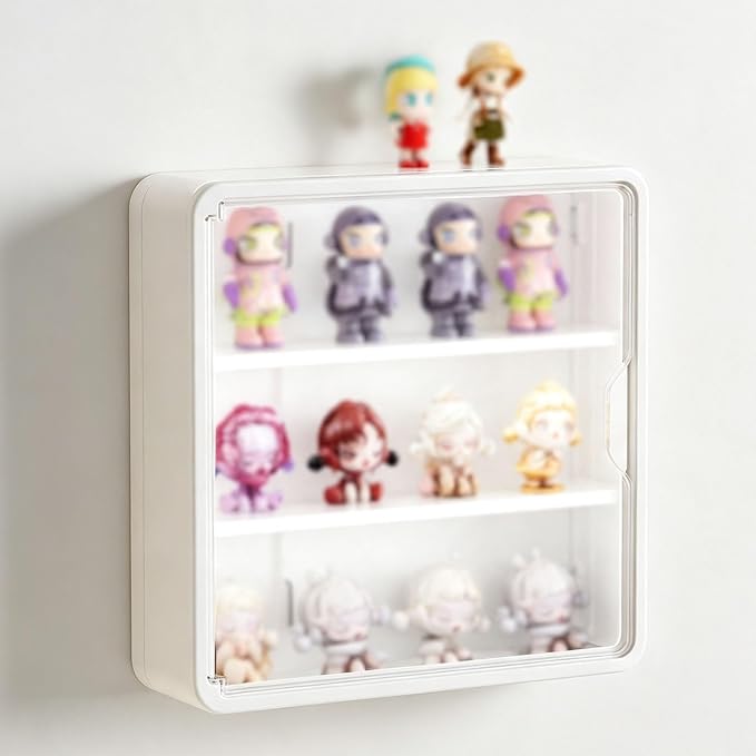 Wall-Mounted Display Case for Blind Box Figures, Clear Magnetic Door Collectible Storage Cabinet, No-Drill Figure Organizer with Shelves, Small or Large, White, Yellow or Purple(White,Small)