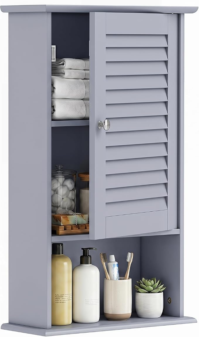 Tangkula Medicine Cabinet, Wall Mounted Bathroom Cabinet Single Door Wooden Bathroom Wall Cabinet with Adjustable Shelf (Grey)