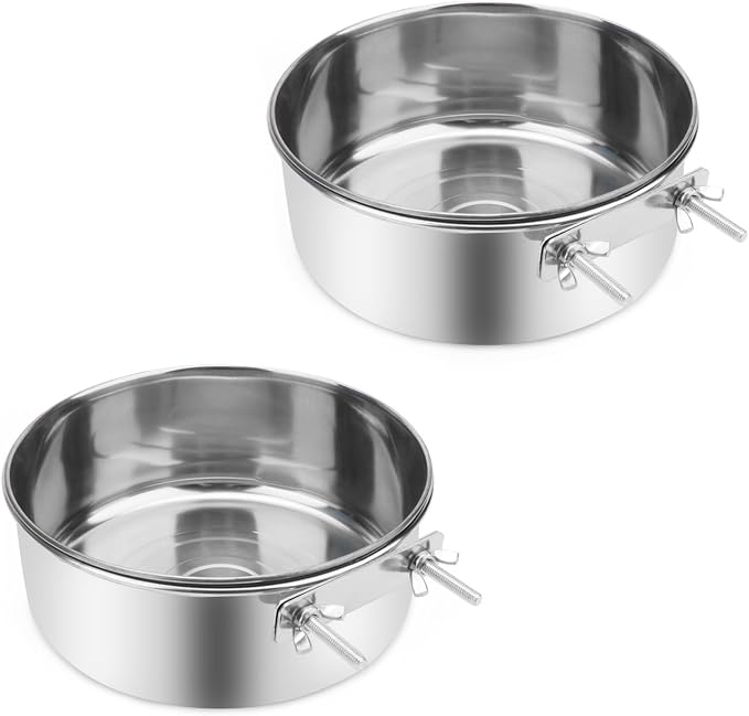 Wontee Pet Food Water Bowl Stainless Steel Feeding Cups Feeder, 2 Pcs, XL | Rust-proof, securely mounted to prevent tipping, removable for easy refilling and cleaning, for dogs/cats/birds/rabbits