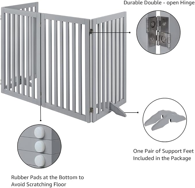 unipaws 36”H Free Standing Pet Gate for Dog Cat, 80”Wide Wooden Dog Gates | Foldable Pet Fence for Doorway, Stairs, Step, Expandable Doggy Barrier, Indoor Use